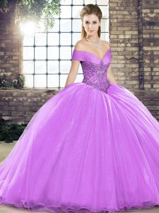 Sleeveless Beading Lace Up 15th Birthday Dress with Lavender Brush Train