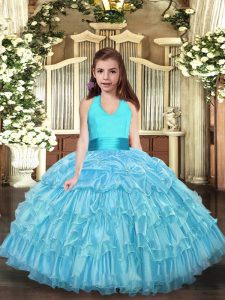 Trendy Aqua Blue Halter Top Lace Up Ruffled Layers Girls Pageant Dresses Sleeveless
