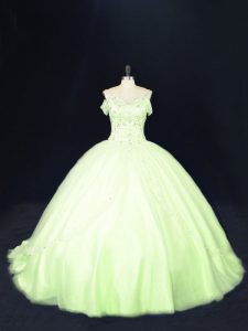 Sumptuous Off The Shoulder Sleeveless Quinceanera Gown Court Train Beading Yellow Green Tulle
