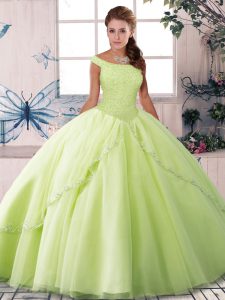 Attractive Lace Up Sweet 16 Quinceanera Dress Yellow Green for Military Ball and Sweet 16 and Quinceanera with Beading Brush Train