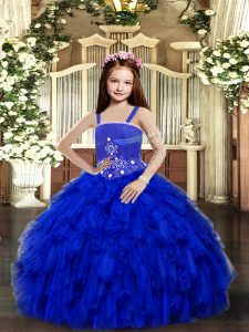 Royal Blue Tulle Lace Up Straps Sleeveless Floor Length Child Pageant Dress Beading and Ruffles