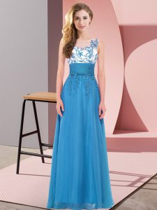 Customized Scoop Sleeveless Dama Dress Floor Length Appliques Blue Chiffon