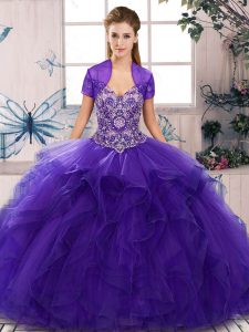 Purple Lace Up Sweet 16 Quinceanera Dress Beading and Ruffles Sleeveless Floor Length