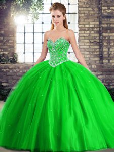 Fashion Beading Quinceanera Gown Green Lace Up Sleeveless Brush Train