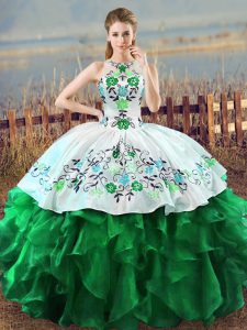 Floor Length Green Quinceanera Gown Halter Top Sleeveless Lace Up