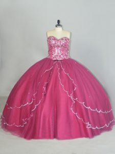 Fitting Red Ball Gowns Sweetheart Sleeveless Tulle Brush Train Lace Up Beading and Sequins 15th Birthday Dress