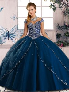 Fashionable Blue Ball Gowns Sweetheart Cap Sleeves Tulle Brush Train Lace Up Beading Quinceanera Dress