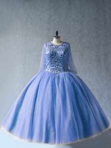 Blue Long Sleeves Floor Length Beading Lace Up Quinceanera Dresses