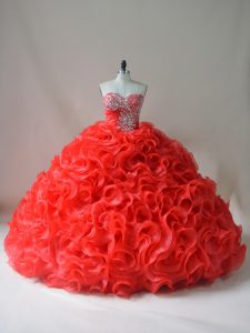 Red Fabric With Rolling Flowers Lace Up Sweetheart Sleeveless Quinceanera Gowns Court Train Beading and Ruffles