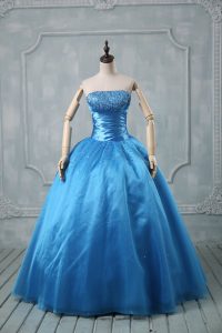 Free and Easy Sleeveless Floor Length Beading and Sequins Lace Up Ball Gown Prom Dress with Baby Blue