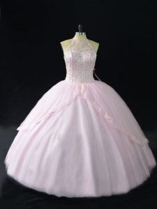 Luxury Pink Ball Gowns Beading and Appliques Ball Gown Prom Dress Tulle Sleeveless
