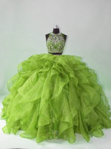 Green Sleeveless Organza Brush Train Backless Quinceanera Dress for Sweet 16 and Quinceanera