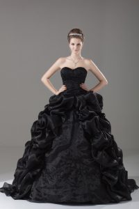 Black Ball Gowns Organza Sweetheart Sleeveless Embroidery and Pick Ups Lace Up 15th Birthday Dress Brush Train