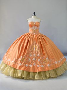 Orange Ball Gowns Sweetheart Sleeveless Satin and Organza Floor Length Lace Up Embroidery and Ruffled Layers 15 Quinceanera Dress
