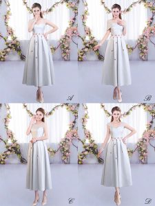 Silver Lace Up Straps Appliques Court Dresses for Sweet 16 Satin Sleeveless