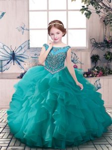 Hot Selling Teal Ball Gowns Scoop Sleeveless Organza Floor Length Zipper Beading and Ruffles Pageant Gowns For Girls