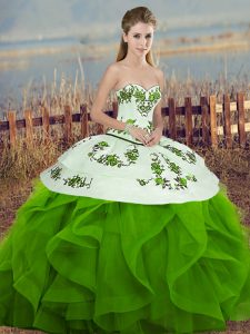 Affordable Tulle Sweetheart Sleeveless Lace Up Embroidery and Ruffles and Bowknot Quinceanera Gown in Green