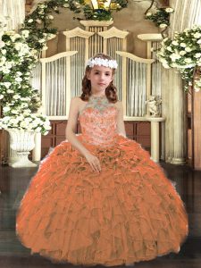 Orange Sleeveless Floor Length Beading and Ruffles Lace Up Kids Pageant Dress