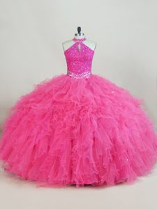 Hot Pink Tulle Lace Up Ball Gown Prom Dress Sleeveless Floor Length Beading and Ruffles