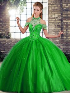 Chic Green Ball Gowns Tulle Halter Top Sleeveless Beading Lace Up Quince Ball Gowns Brush Train