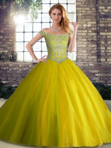 New Style Beading Ball Gown Prom Dress Yellow Green Lace Up Sleeveless Brush Train