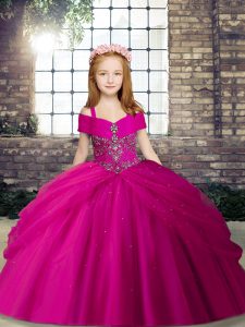 Beauteous Fuchsia Ball Gowns Tulle Straps Sleeveless Beading Floor Length Lace Up Kids Pageant Dress
