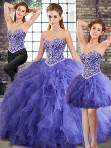 Super Lavender Three Pieces Sweetheart Sleeveless Tulle Floor Length Lace Up Beading and Ruffles Vestidos de Quinceanera