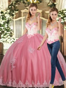 Sleeveless Tulle Floor Length Lace Up Quinceanera Gowns in Watermelon Red with Beading and Appliques