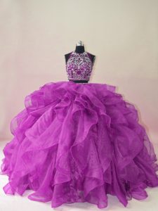 Fantastic Brush Train Two Pieces Sweet 16 Dresses Purple Halter Top Organza Sleeveless Backless