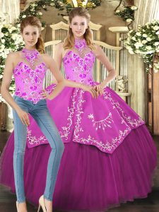 Fuchsia Ball Gown Prom Dress Military Ball and Sweet 16 and Quinceanera with Embroidery Halter Top Sleeveless Lace Up