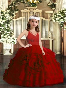 Floor Length Ball Gowns Sleeveless Red Kids Pageant Dress Zipper