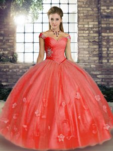 Watermelon Red Off The Shoulder Neckline Beading and Appliques Vestidos de Quinceanera Sleeveless Lace Up