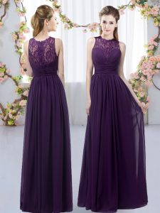 Deluxe Floor Length Dark Purple Quinceanera Dama Dress Chiffon Sleeveless Lace