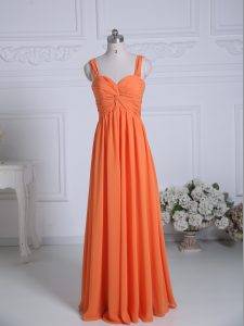 Discount Floor Length Orange Court Dresses for Sweet 16 Chiffon Sleeveless Ruching