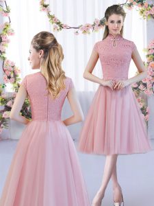 Latest Tea Length A-line Cap Sleeves Pink Dama Dress for Quinceanera Zipper