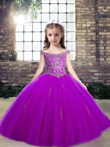 Sleeveless Floor Length Appliques Lace Up Kids Pageant Dress with Purple