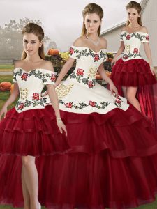 Wine Red Quinceanera Gowns Tulle Brush Train Sleeveless Embroidery and Ruffled Layers