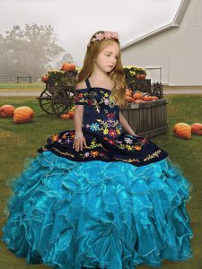Colorful Ball Gowns Girls Pageant Dresses Aqua Blue Straps Organza Sleeveless Floor Length Lace Up