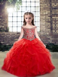 Artistic Off The Shoulder Sleeveless Pageant Gowns Floor Length Beading and Ruffles Red Tulle