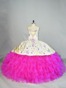 Organza Sweetheart Sleeveless Lace Up Embroidery and Ruffled Layers 15 Quinceanera Dress in Fuchsia
