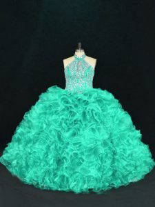 Turquoise Ball Gowns Organza Halter Top Sleeveless Beading and Ruffles Floor Length Lace Up 15 Quinceanera Dress