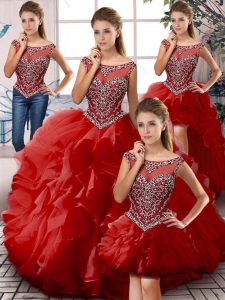 Luxury Red Ball Gowns Scoop Sleeveless Organza Floor Length Zipper Beading and Ruffles Sweet 16 Dresses