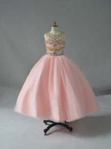 Beautiful Scoop Sleeveless Kids Pageant Dress Floor Length Beading Pink Tulle