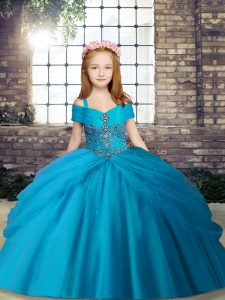 Floor Length Lace Up Girls Pageant Dresses Baby Blue for Party and Sweet 16 and Wedding Party with Beading