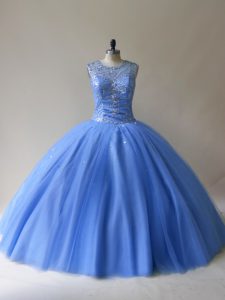 Scoop Sleeveless Lace Up Quinceanera Dress Baby Blue Tulle