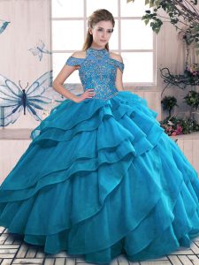 Latest High-neck Sleeveless Organza Vestidos de Quinceanera Beading and Ruffled Layers Lace Up
