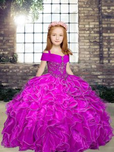 Vintage Fuchsia Lace Up Kids Pageant Dress Beading and Ruffles Sleeveless Floor Length