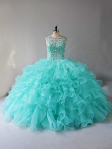 Sleeveless Organza Lace Up Quinceanera Gown in Aqua Blue with Beading and Ruffles