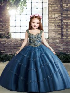 Perfect Blue Lace Up Straps Beading Pageant Gowns For Girls Tulle Sleeveless