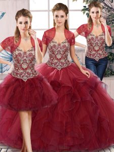 Burgundy Off The Shoulder Lace Up Beading and Ruffles Ball Gown Prom Dress Sleeveless